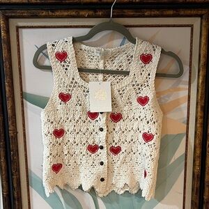 Rebellion Cream Crochet Crop Top with Red Hearts